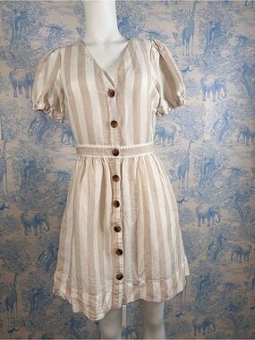 Ann Taylor Loft Striped Cream & White Button-Front Summer Dress op